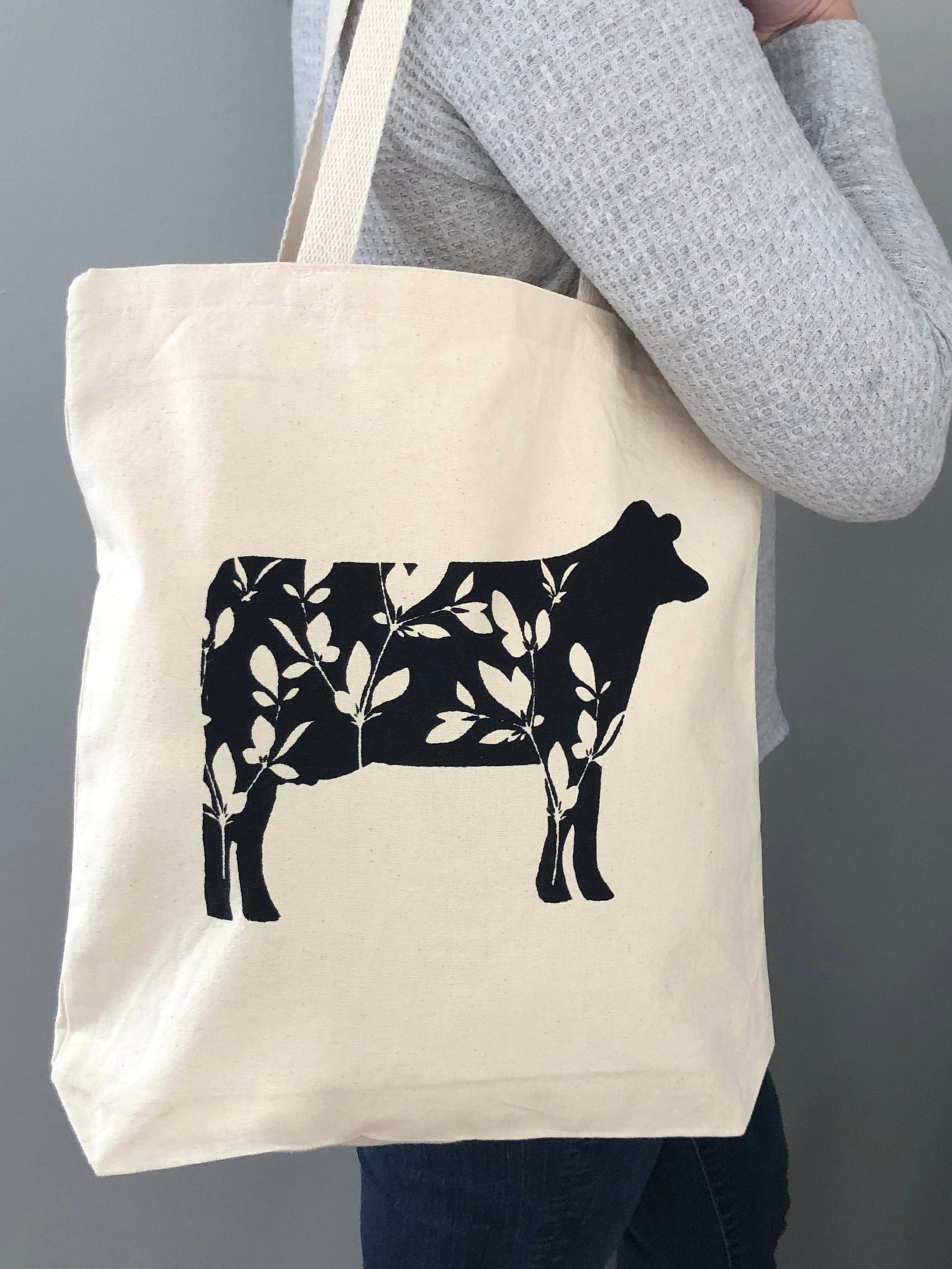 Large cow canvas tote bag