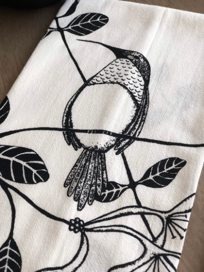 Hand printed hummingbird tea towel in white