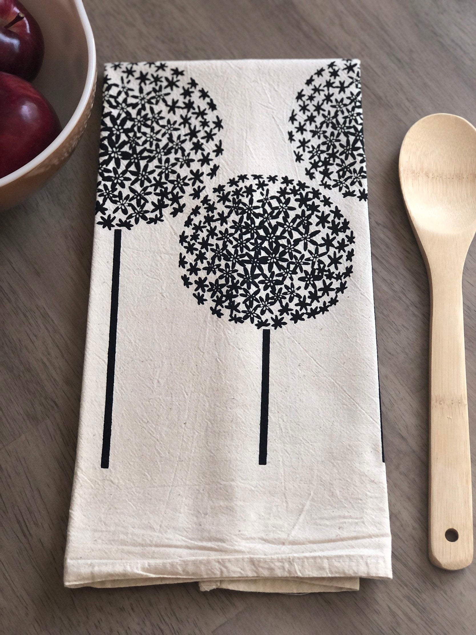 Natural (unbleached) tea towel hand printed Allium design with black ink
