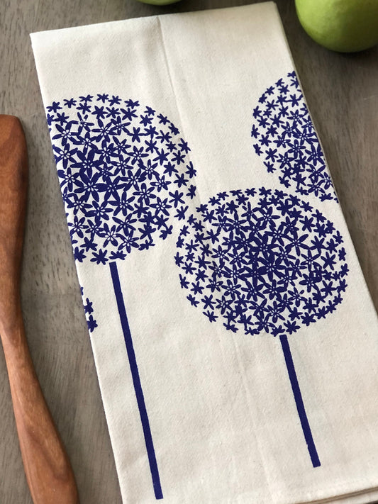 Allium screen printed tea towel.  White flour sack towel with hand printed flowers in purple