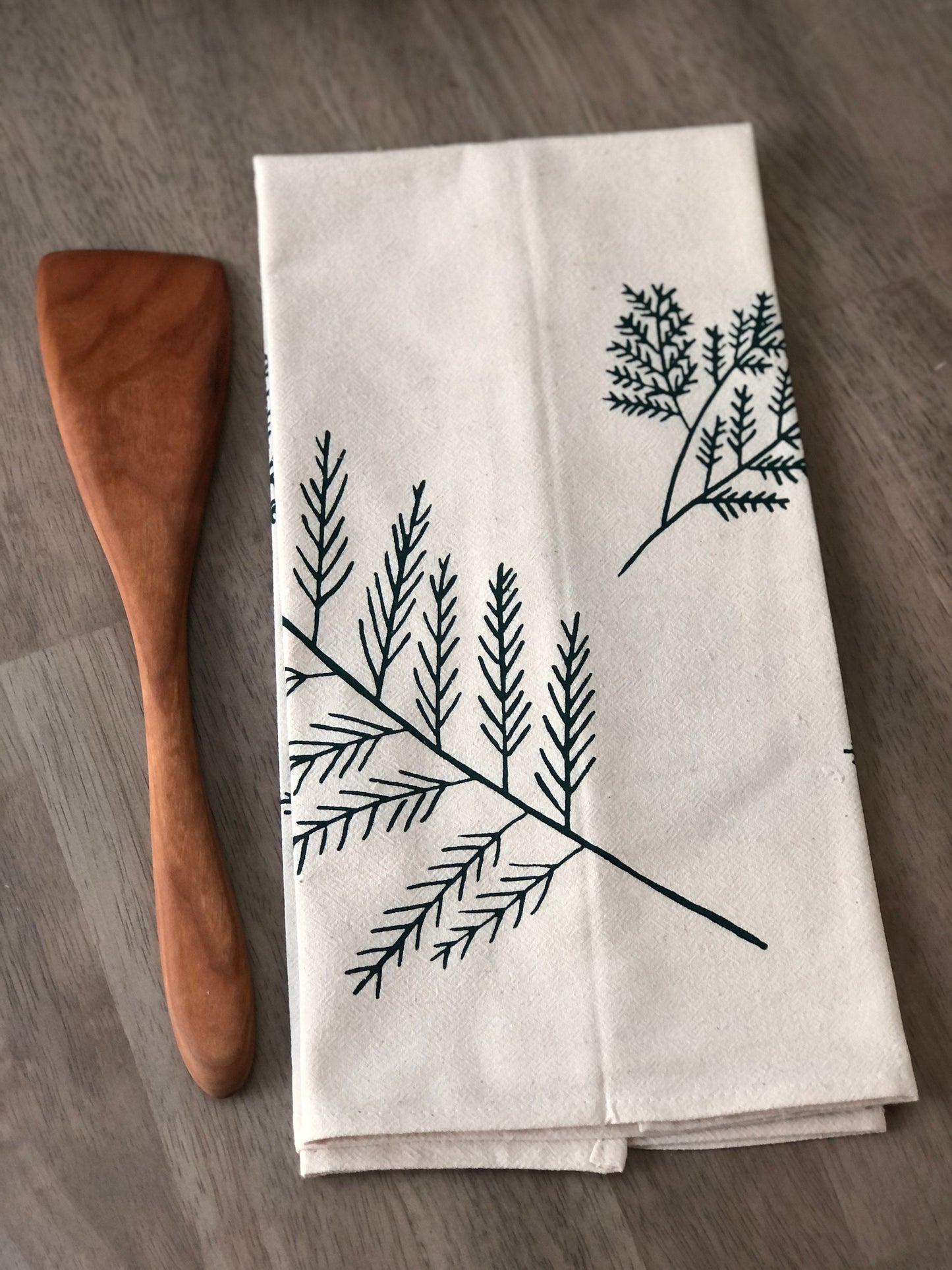 Cedar branches flour sack tea towel