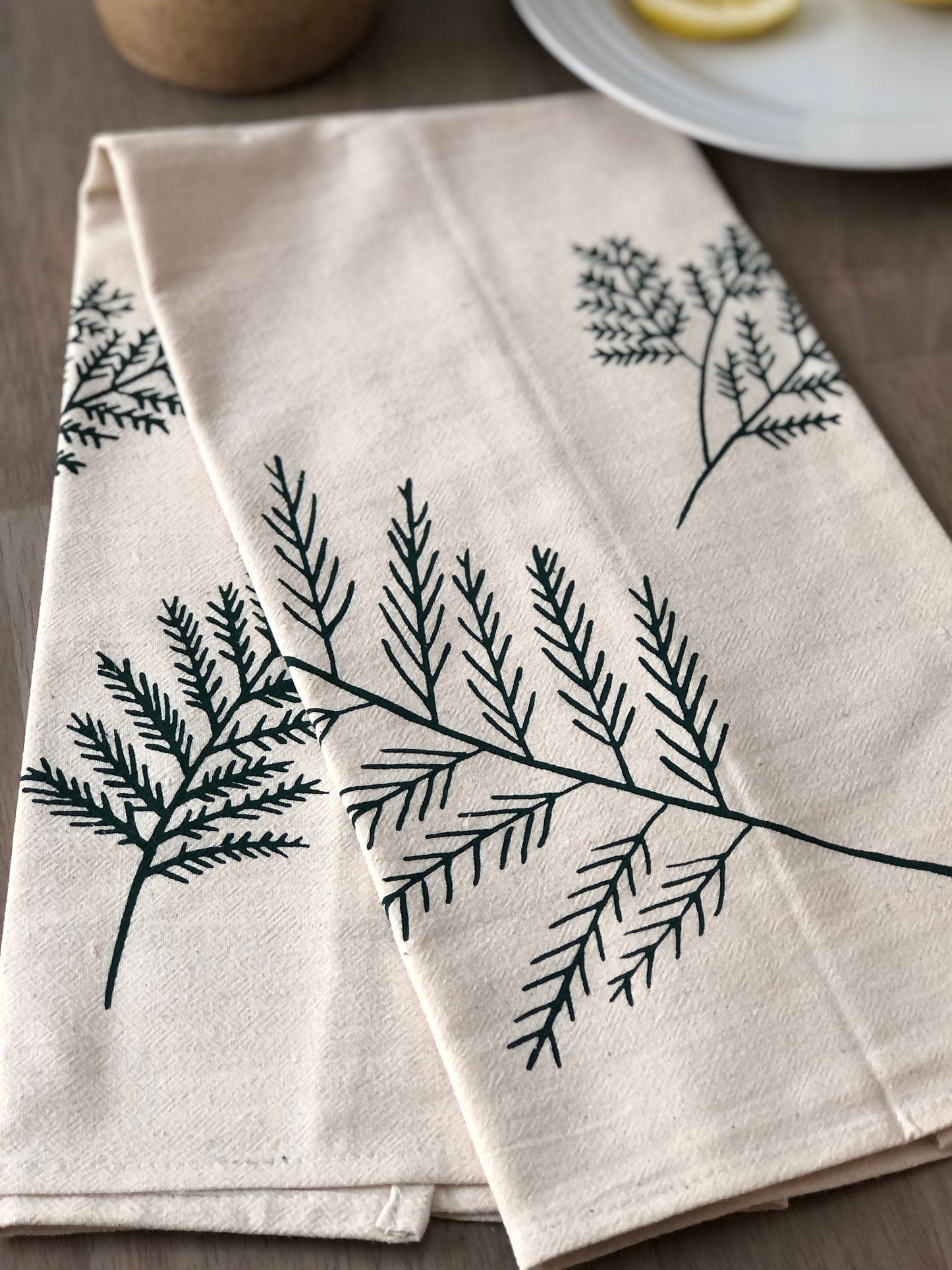 Cedar branches flour sack tea towel