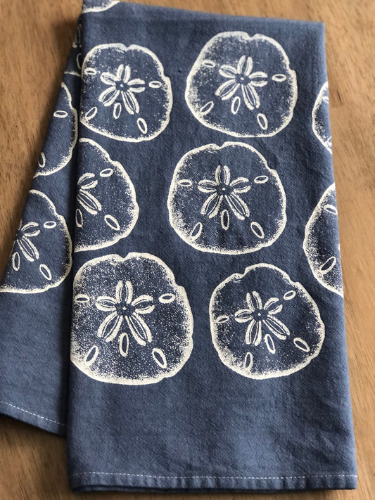 BLUE Sand Dollar hand dyed flour sack tea towel